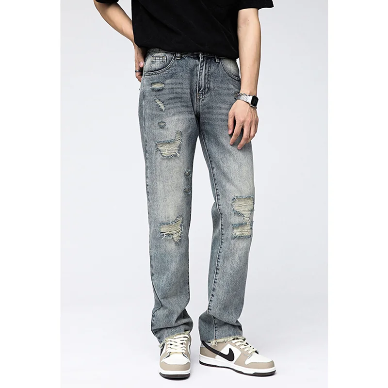 Streetwear Men Vintage Loose Blue Ripped Jeans 2022 Autumn and Winter New Style Pattern Fashion Straight Cylinder Trousers Women