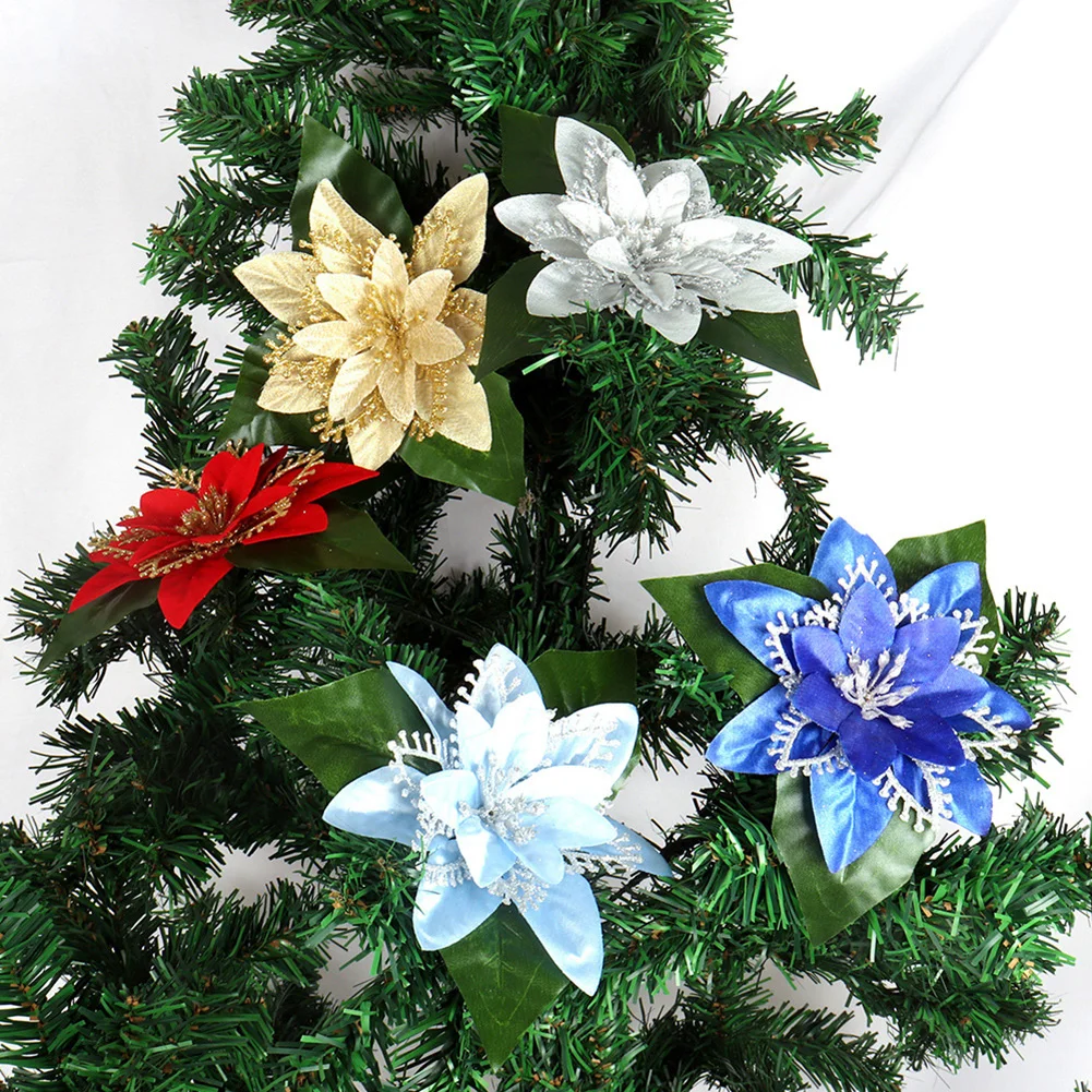

18CM Christmas Artifical Flowers Glitter Poinsettia For Christmas Tree Ornaments Fake Flower Decoration