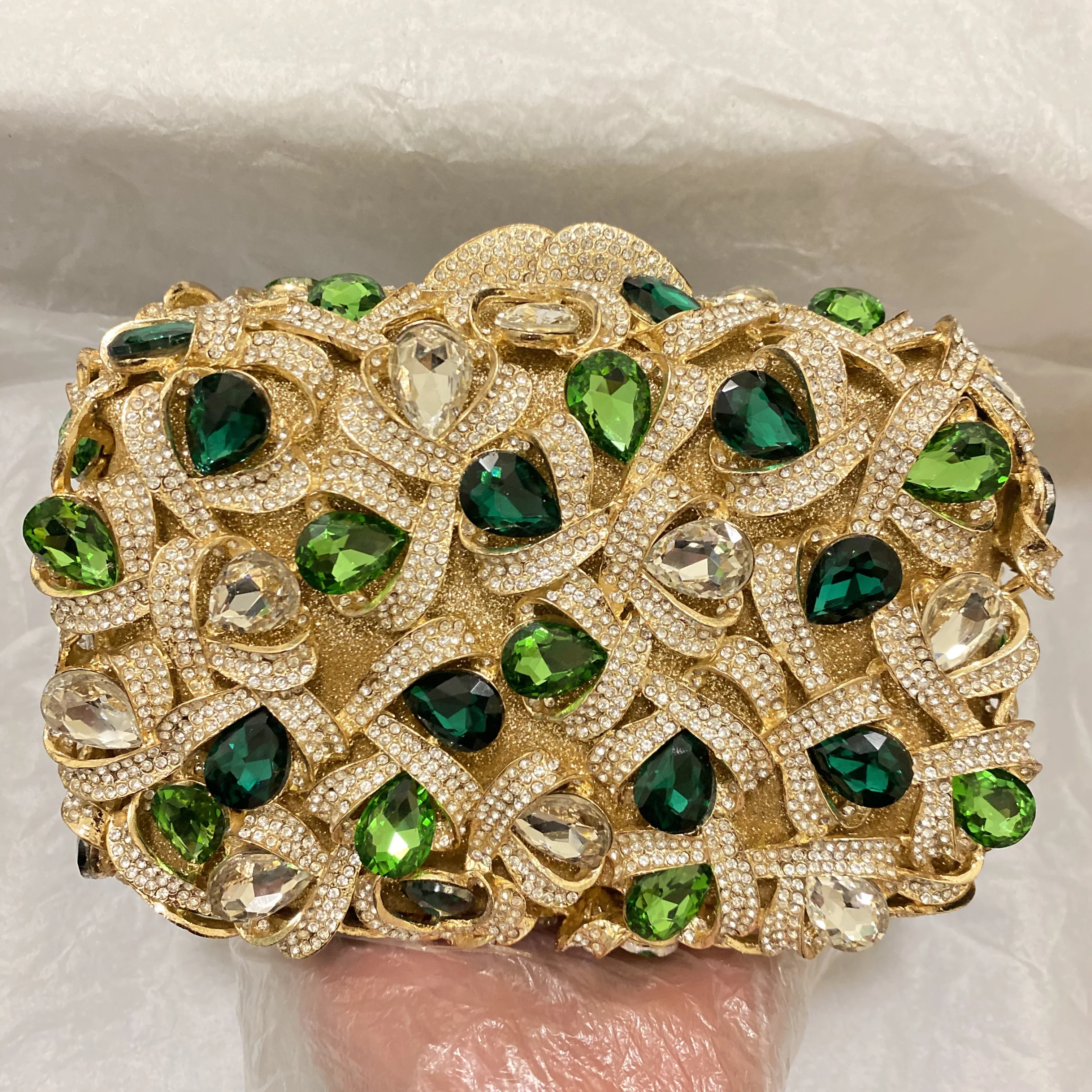 Large AB Rhinestone Crystal Clutch Purse Gold Metal Evening 