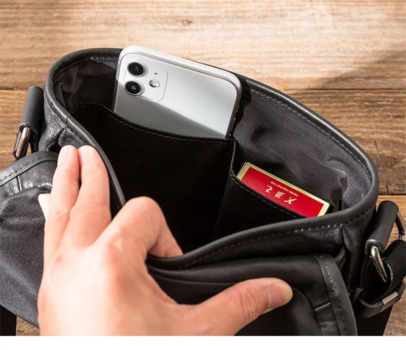 Simple, casual and high-quality natural genuine leather men black handbag outdoor organizer soft cowhide messenger shoulder bag