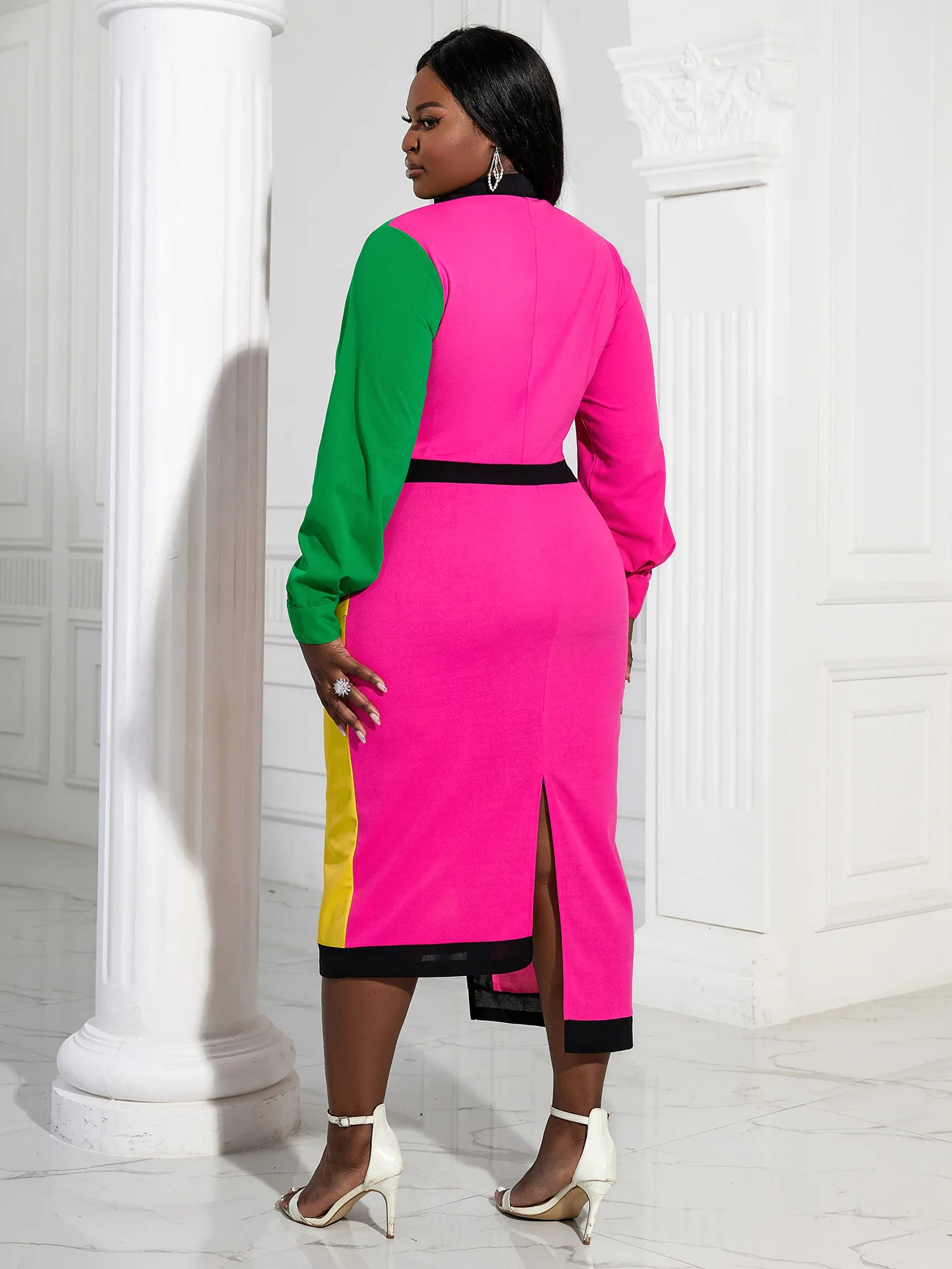 Plus Size Color Block Dress Women Patchwork Turn Down Collar Robe Long Sleeves Elegant Slim Spring Fashion Office Ladies Classy