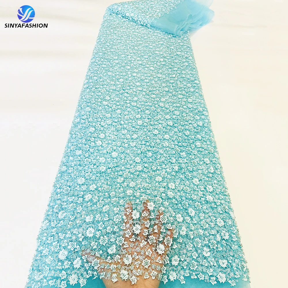 

High Quality African French Net Tulle 3D Sequence Material Luxury Handmade Sequin Beaded Lace Fabric For Wedding Party Dress 103