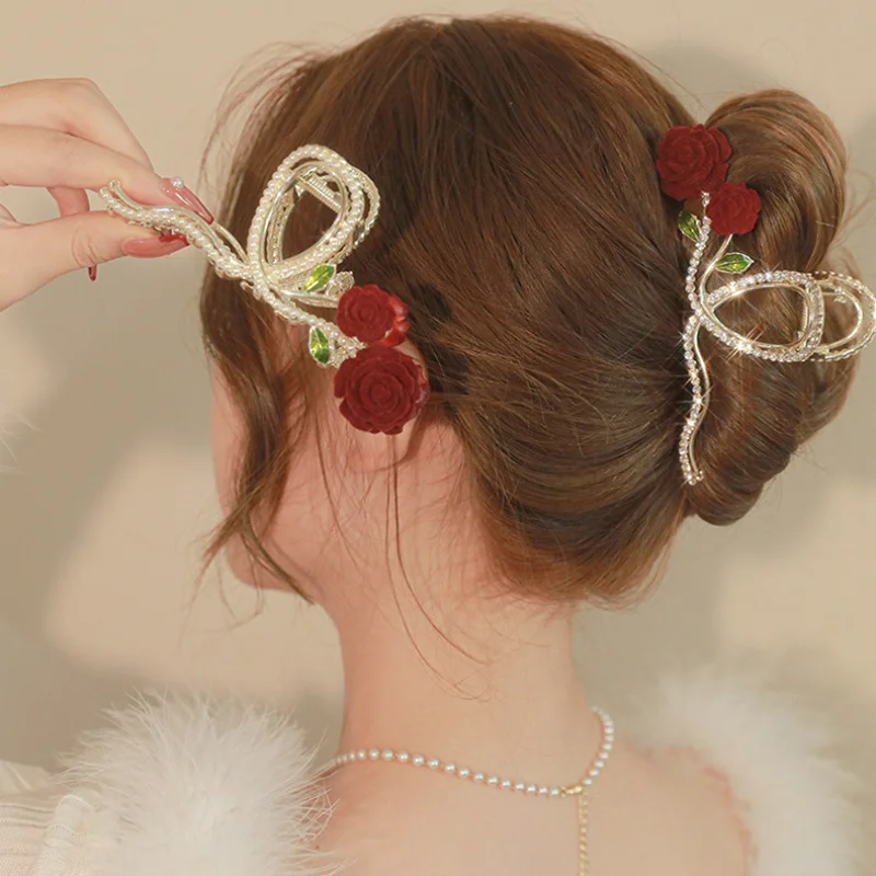 

New Rose Hair Claw Pearl Rhinestone Elegant Hairpin Temperament Crystal Korean Hair Accessories For Women Large Size Shark Clip
