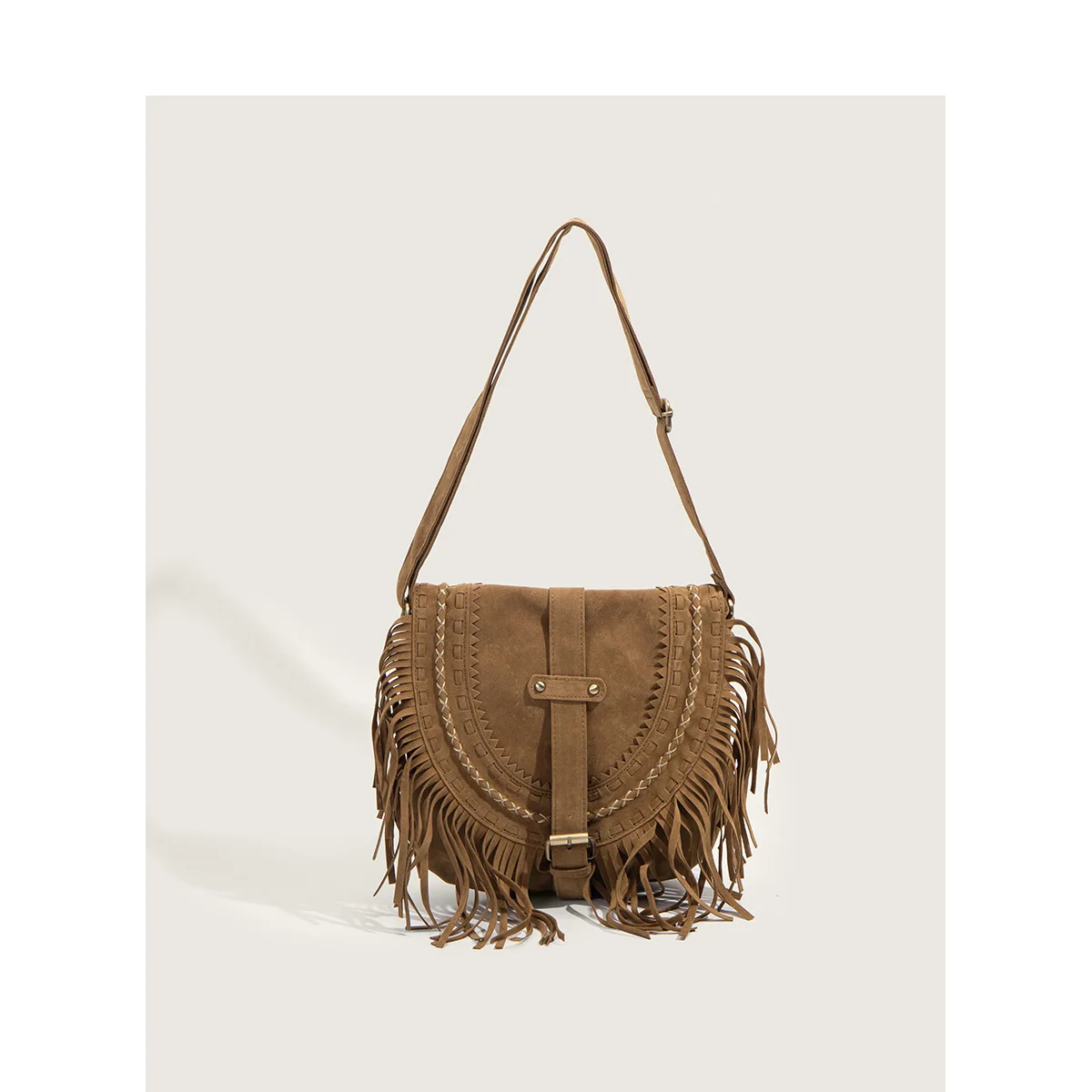 Retro Tassel Shoulder Bag Handmade Imitation Suede Saddle Bag New Women All Match Ethnic Style Oblique Cross Bag Women's Bag