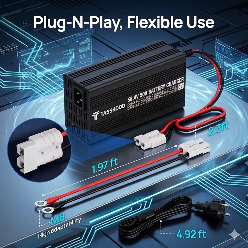 Фото Зарядное устройство для литиевых аккумуляторов LiFePO4 58,4В 20А, умное зарядное устройство 48В 20А для литий-железо-фосфатных батарей, для гольф-каров, автодомов, автономных солнечных систем №4