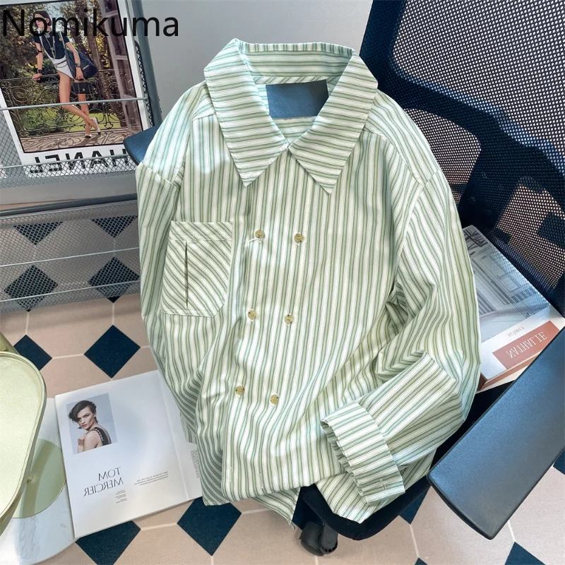 

Nomikuma Blusas Para Mujer Spring Autumn Turn Down Collar Striped Y2k Shirts for Women Japanese Fashion Harajuku Chemise Femme