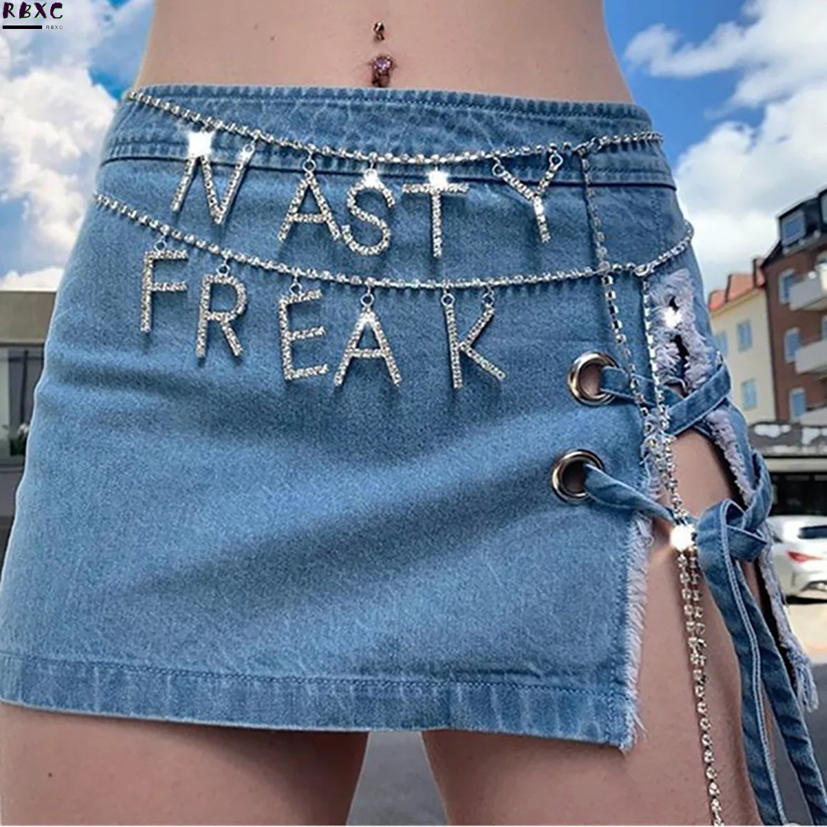 

RBxc Sexy single layer zircon simple claw chain diamond letter freak waist chain female