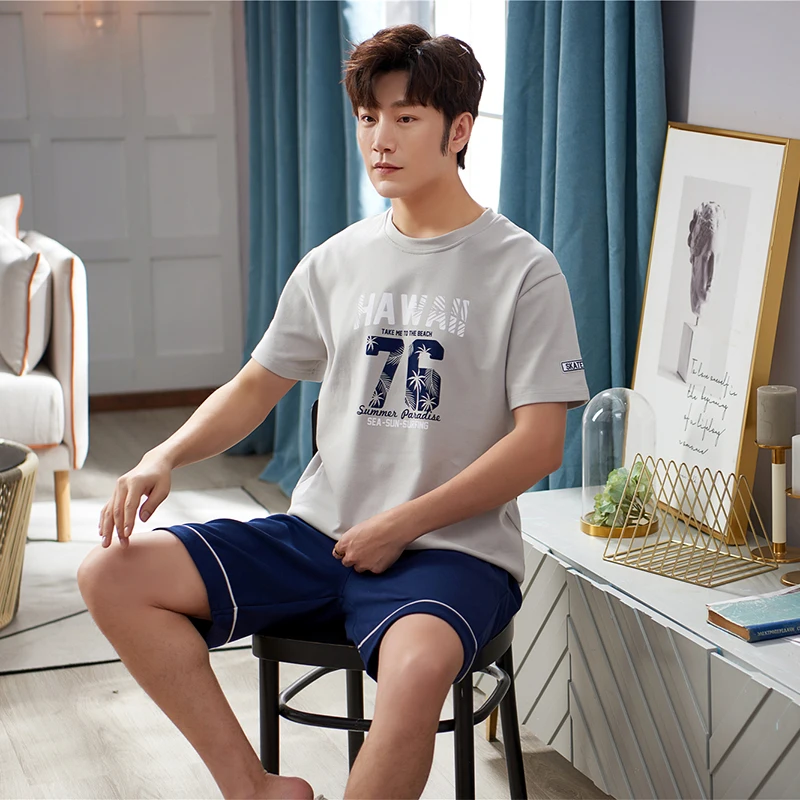 

Summer Mens Pyjamas 100% Cotton Short Sleeve Pijamas Two Pieces Set L-3XL Sleepwear