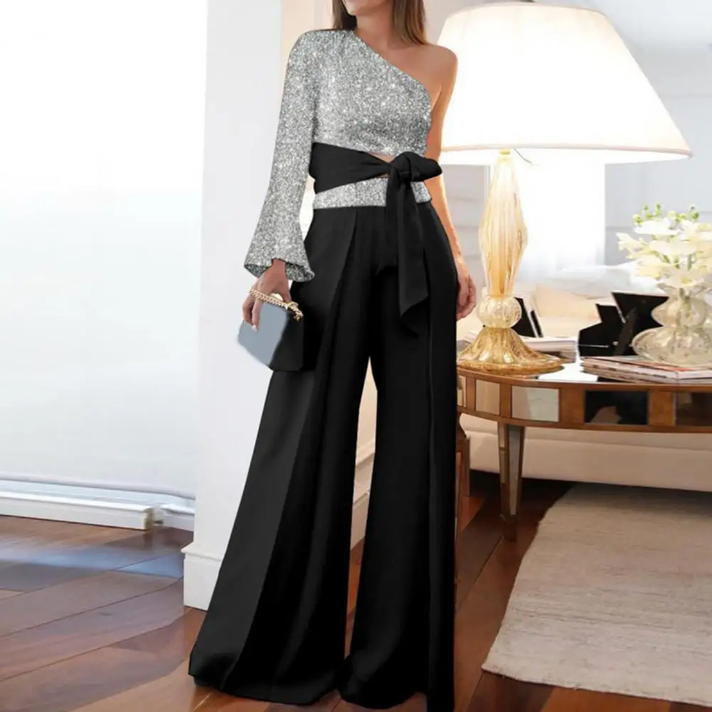 

2Pcs/Set Bandage Bowknot High Waist Women Outfit Wide Leg One Shoulder Top Patchwork Shiny Pants Set Streetwear Women Jumpsuits