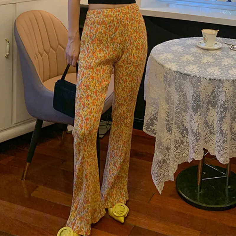

2022 Women's Summer Fashion High Waist Flare Pants Female Ice Silk Thin Trousers Ladies Elastic Waist Straight Floral Pants P137