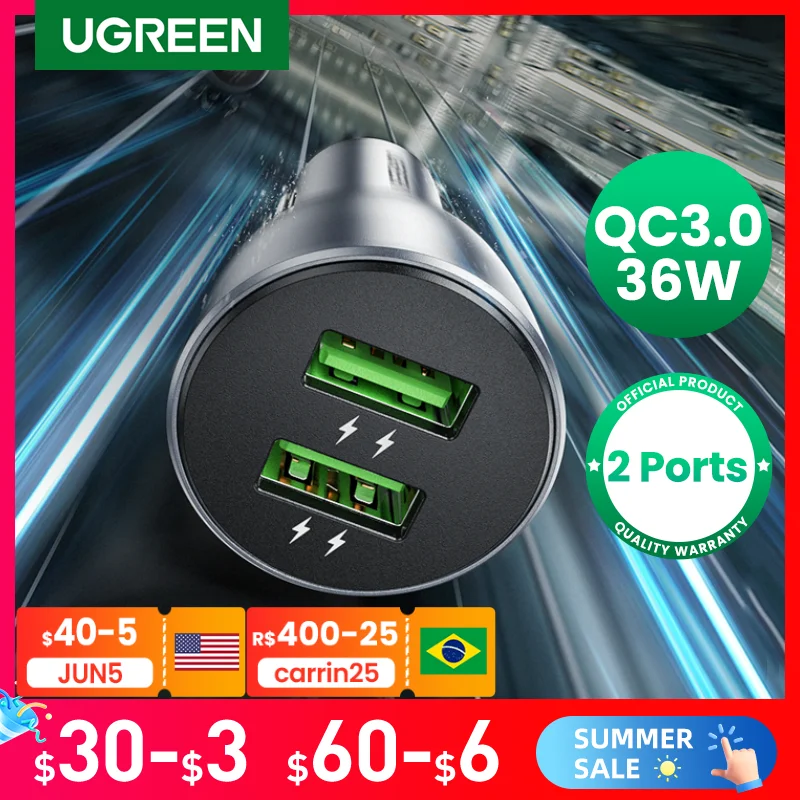 

Ugreen 36W QC Car Charger Quick Charge 3.0 for Samsung S10 9 Fast Car Charging for Xiaomi iPhone QC3.0 Mobile Phone USB Charger