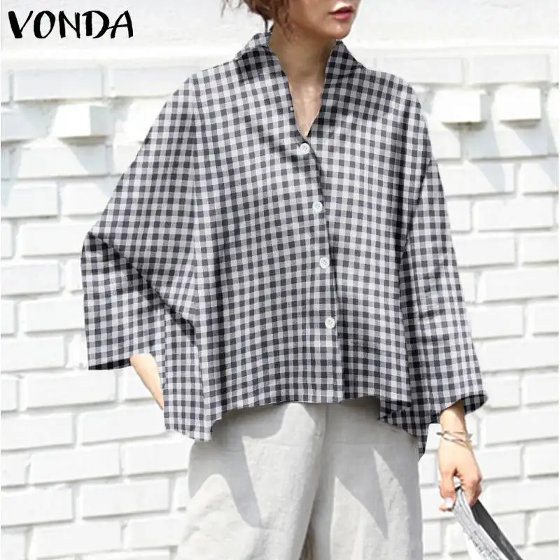 

VONDA 2022 Fashion Women Shirts Long Sleeve Plaid Vintage Blouse Casual Lapel Button Up Chemise Elegant Baggy Casual Tunic Tops