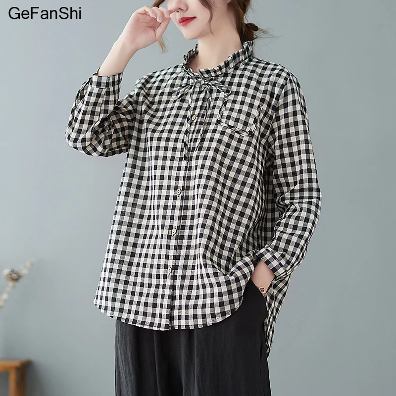 

Spring Summer 2022 New Plaid Cotton Linen Blouse Shirt Long Sleeve Office Lady Woman Casual Loose Blouses Tops Blusas