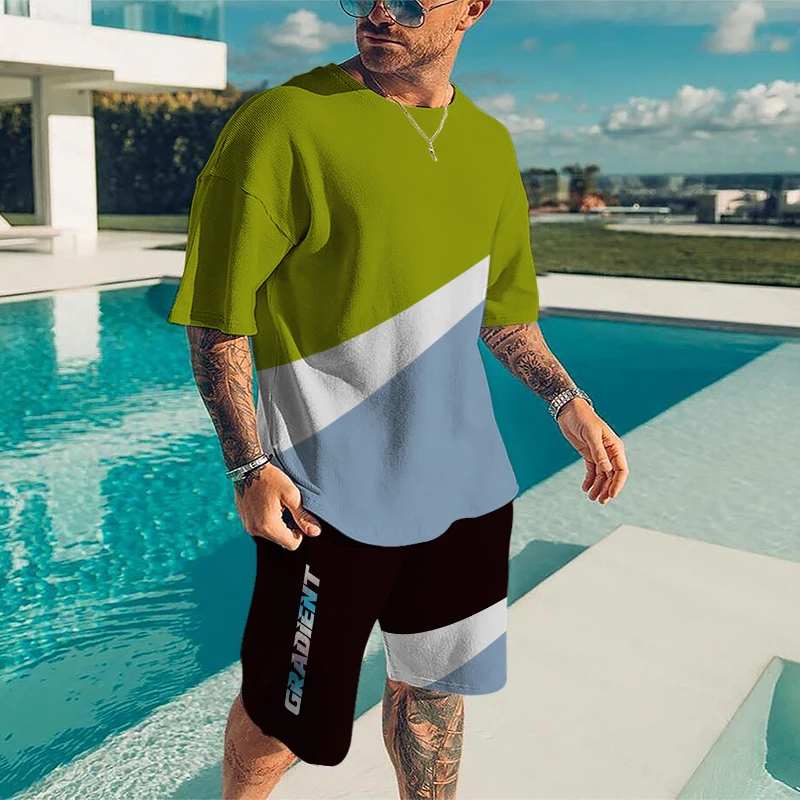 

Patchwork Summer Men Sets Breathable Men's Summer Shorts Tshirt Outfits Male Clothes Streetwear Man Short Sleeve Suit Two-piece