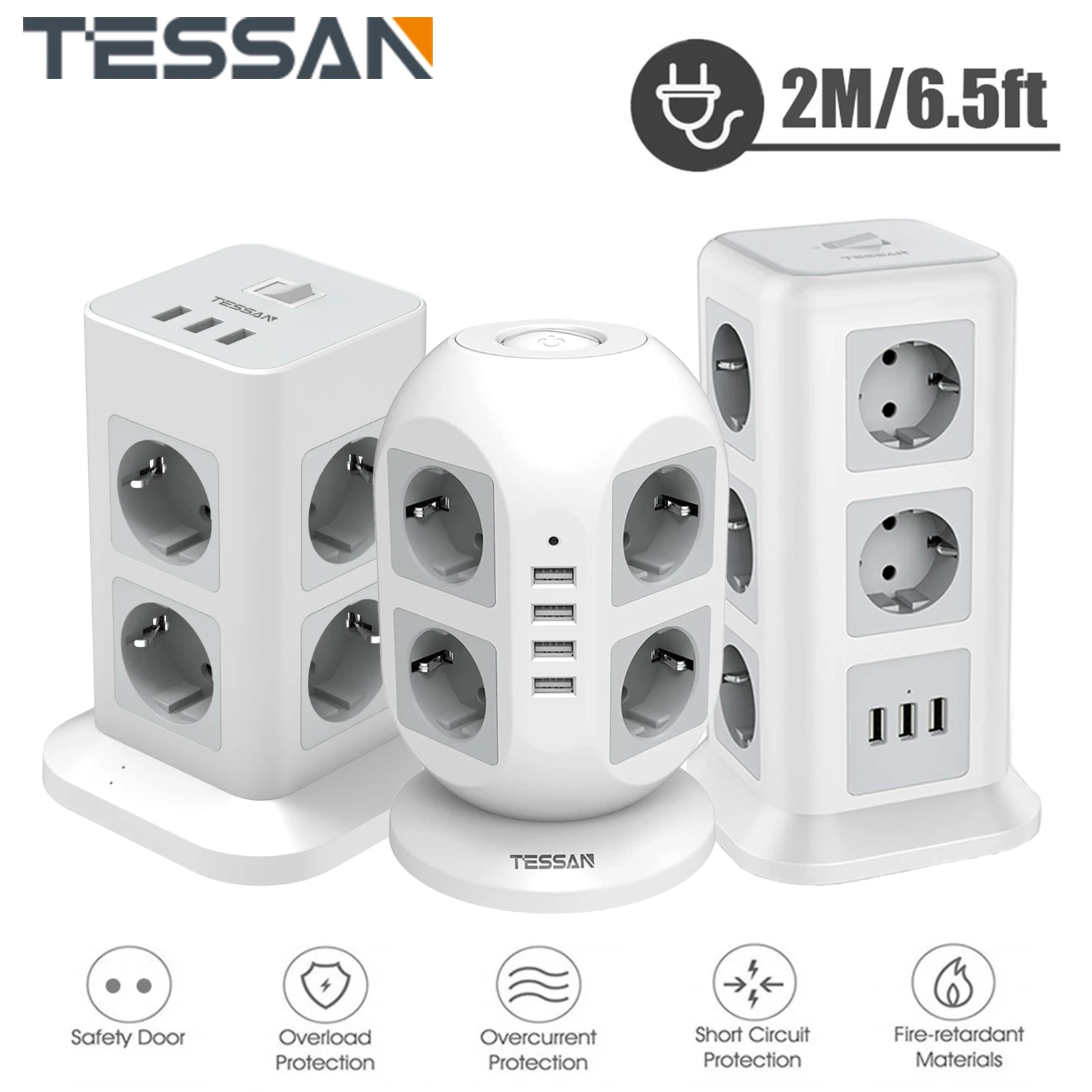 

TESSAN Vertical Power Strip Multiple Socket Tower Surge Protector EU Plug Outlets with USB Switch 2m Extension Cable Home Office