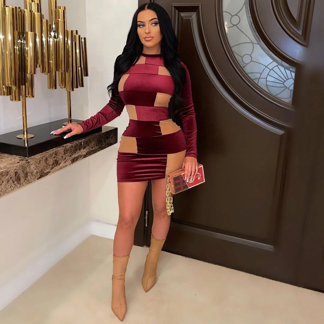 

Женское облегающее бархатное платье, соблазнительное Сетчатое облегающее сексуальное платье с длинным рукавом и высоким воротником, одежд...