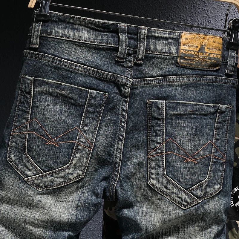 Italian Style Fashion Men Jeans Retro Black Blue Stretch Slim Ripped Jeans Men Embroidery Designer Vintage Denim Pants Hombre