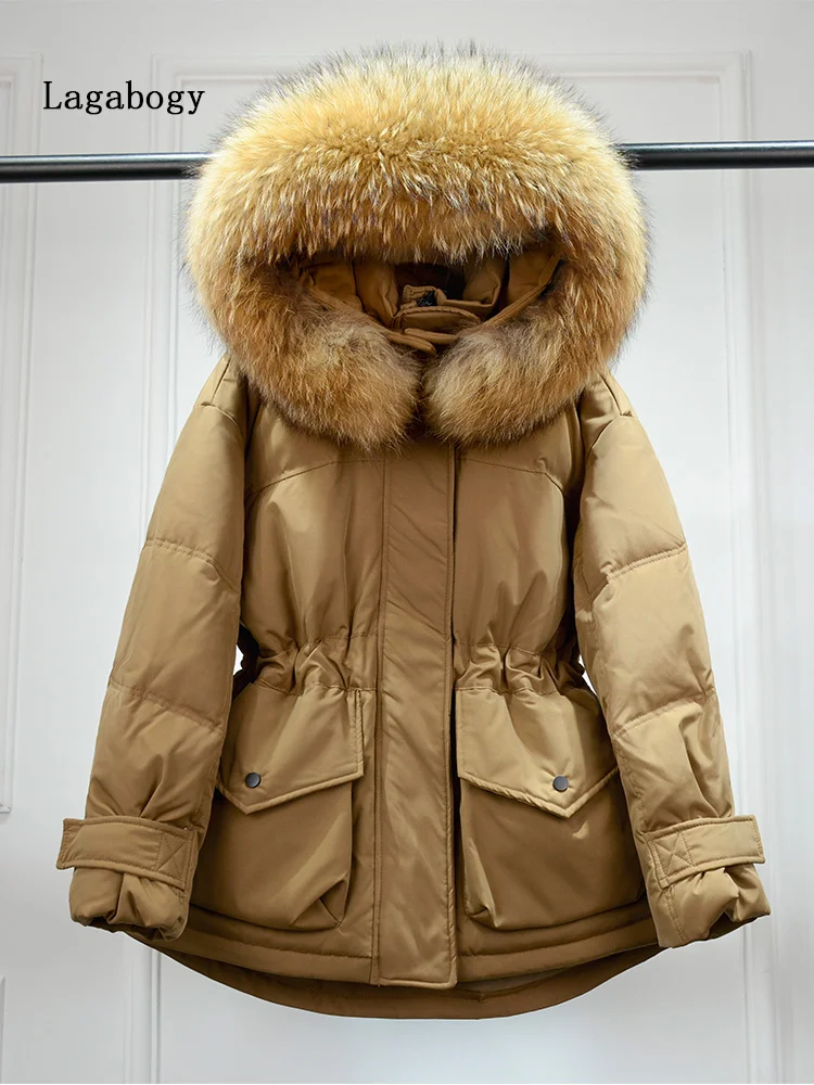 Short Fur 2023 Hooded Natural New Winter Collar Loose Puffer Jacket Windproof Warm Snow Parkas 90% White Duck Down Coat