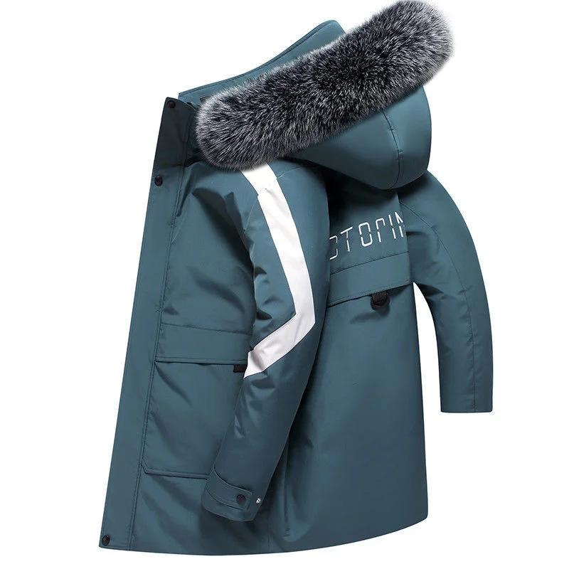 New Fashion 2023 Winter Hooded Fur Collar Thicken Warm White Duck Down Coat Men Overcoat Long Puffer Jacket