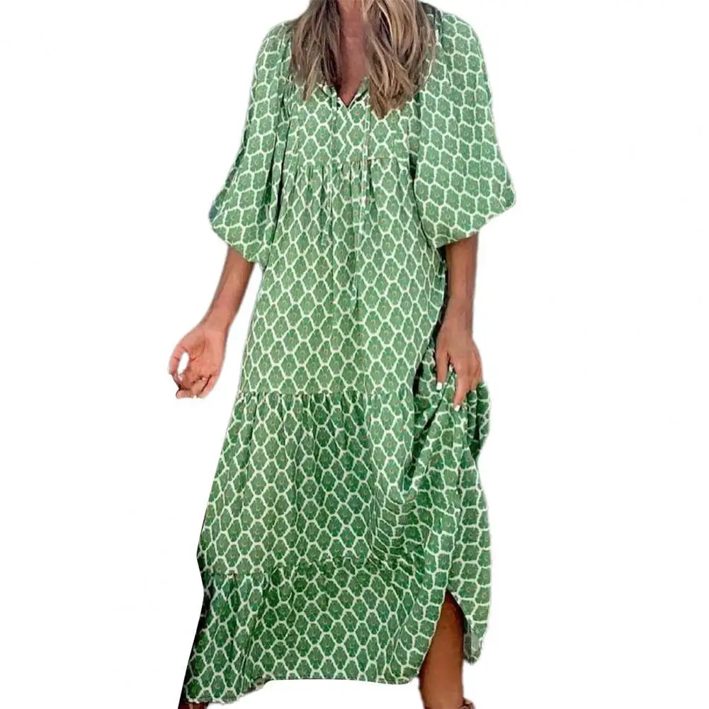 

Loose Ankle-length Dress Women Elegant 2022 Casual V Neck Half Sleeve Floral Print Drawstring Dress Women Accessory