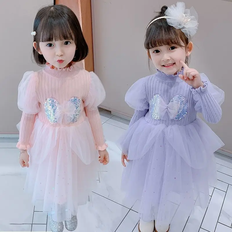 

2022 New Girl Dress AutumnWinter Dress Children's Thick Sweater Skirt Princess Wind Skirt Flower Girl Dresses Kids Dresses Girls