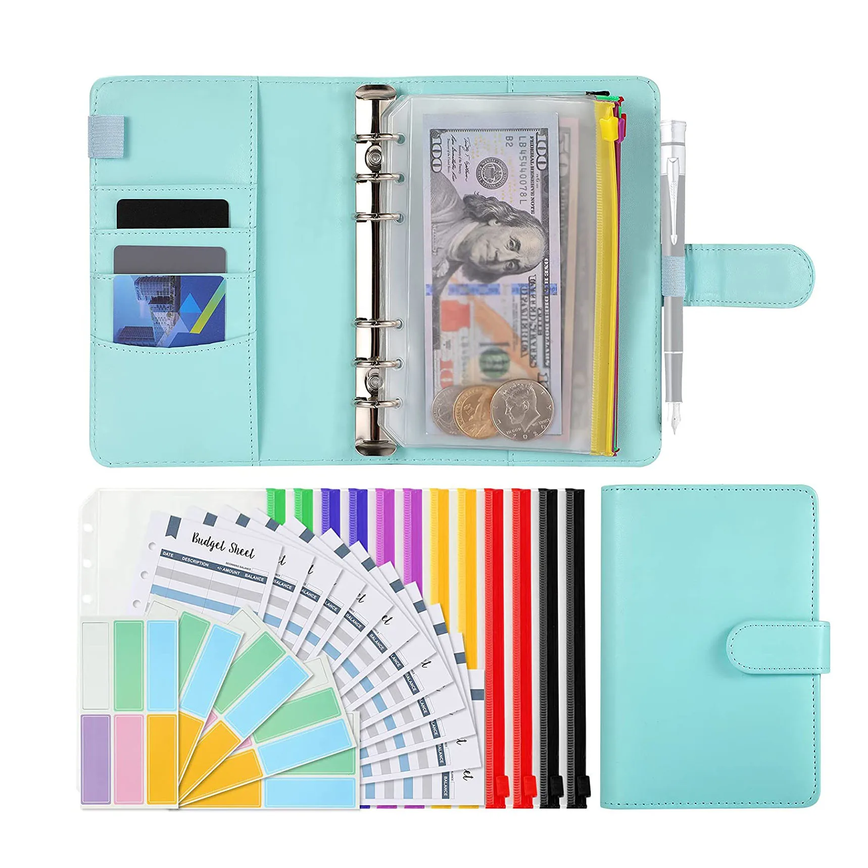 

A6 PU Leather Budget Binder Cash Envelopes System Planner with 12 Clear Zipper Pockets,12 Expense Budget Sheets,Colorful Labels