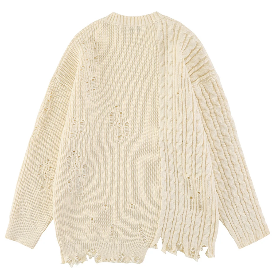 Свитер оверсайз в стиле хип-хоп черный бежевый свободный вязаный джемпер уличная