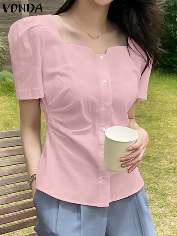 

VONDA Женская Повседневная летняя однотонная блузка на пуговицах большого размера рубашки топы с рукавом до локтя офисные блузы женские улич...