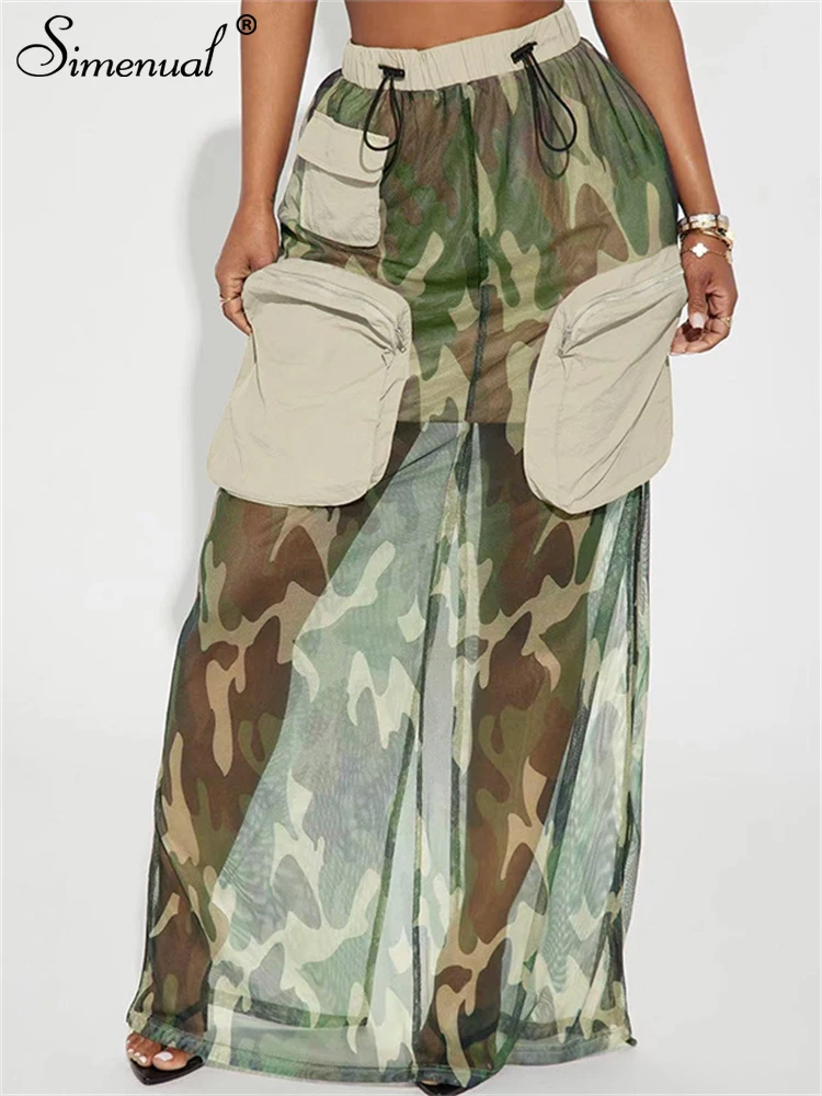 

Simenual Camouflage Mesh Patchwork Long Skirts Casual Loose Big Pocket Drawstring Cargo Skirt Cyber Y2K Street Bottoms for Women