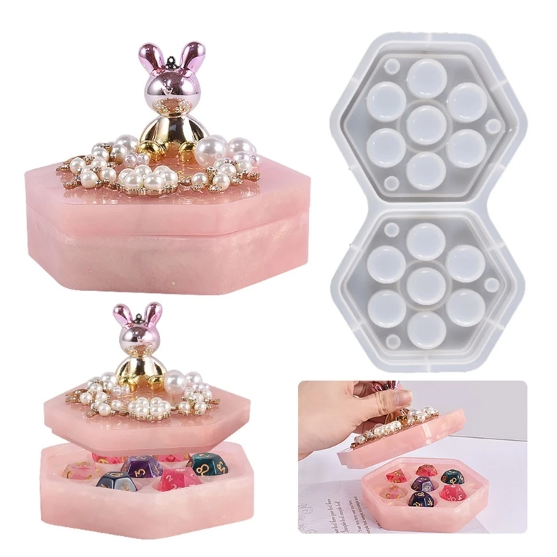 

N1HE Epoxy Drop Glue Organizer Mold DIY Crystal Hexagonal Box Dice Storage Box Silicone Mold for DIY Crafts Jewelry Storage