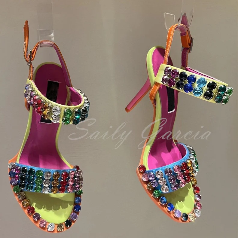 Rainbow Rhinestone High Heel Sandals Women Round Toe Buckle Strap Thin High Heel Bling Bling Crafted Crystal Banquet Dress Shoes