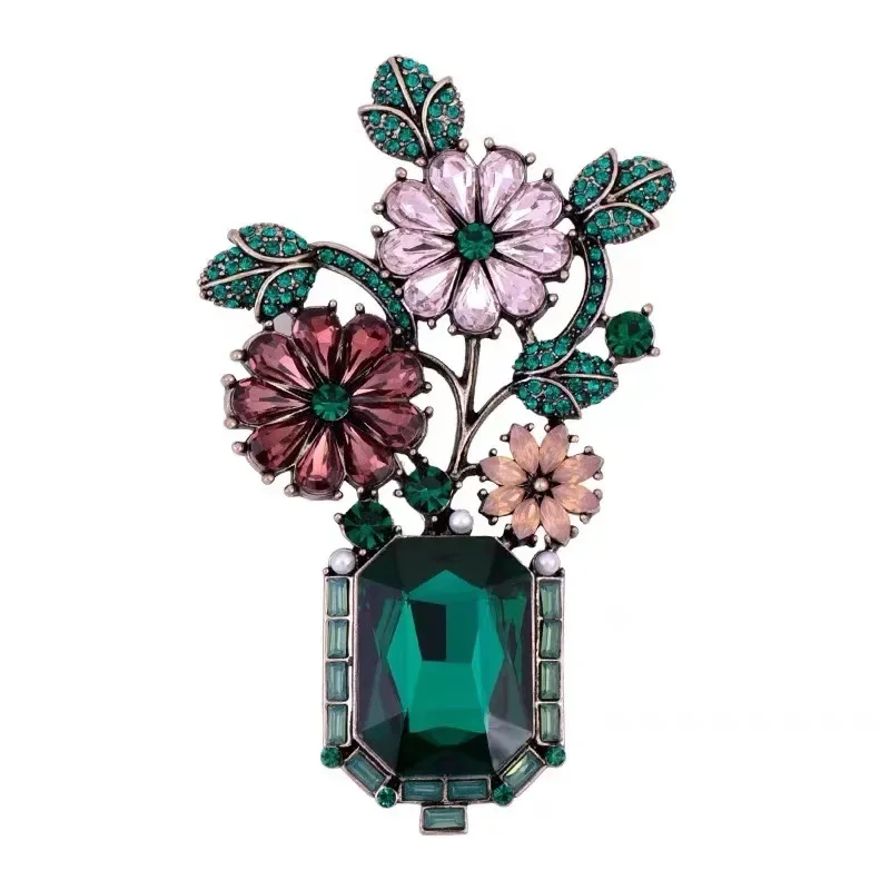 Французская винтажная Высококачественная брошь в виде вазы с зелеными