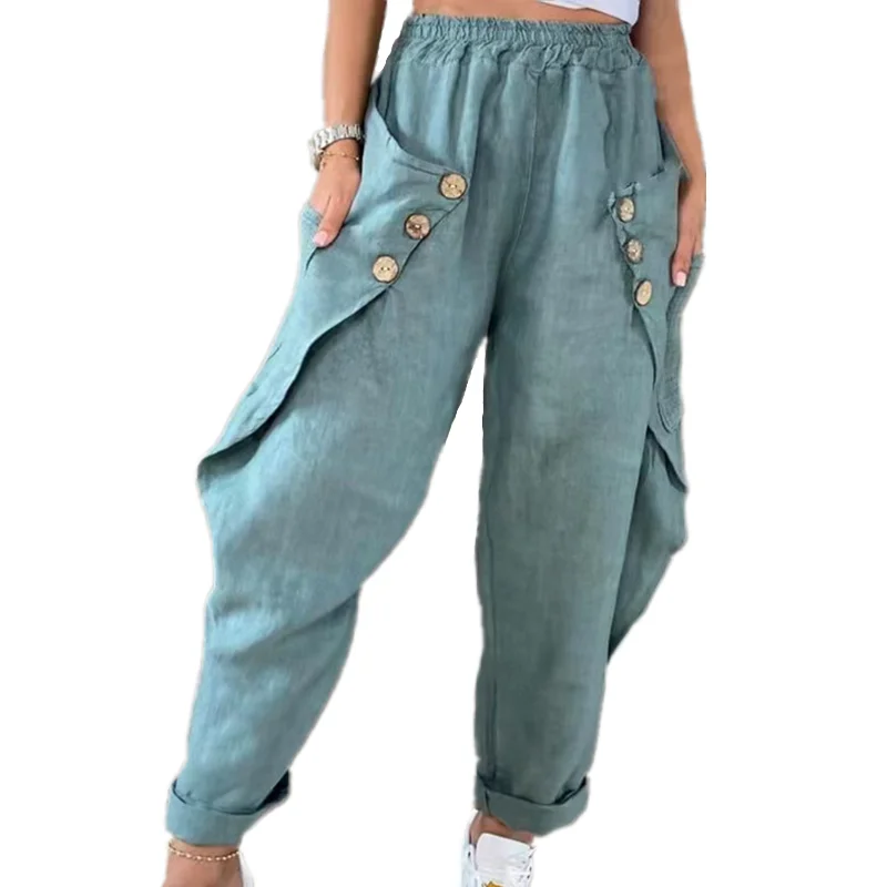 

Women Trousers Pocket Button Waist Casual Trousers Solid Color Mid Waist Fashion Black Harem Pants Sweatpants Loose Joggers 2022