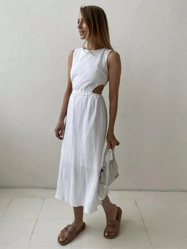 

Holiday Long Dress Woman 100% Cotton Loose Splicing Summer Sleeveless Dress Casual Lady Dress 2023