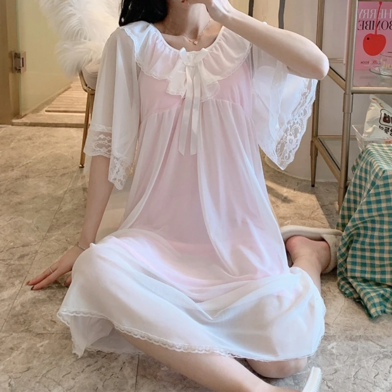 

Женская кавайная Ночная рубашка в стиле "Лолита", белая, розовая ночная сорочка из модала с кружевом, одежда для сна принцессы, одежда для сна, женская ночная сорочка