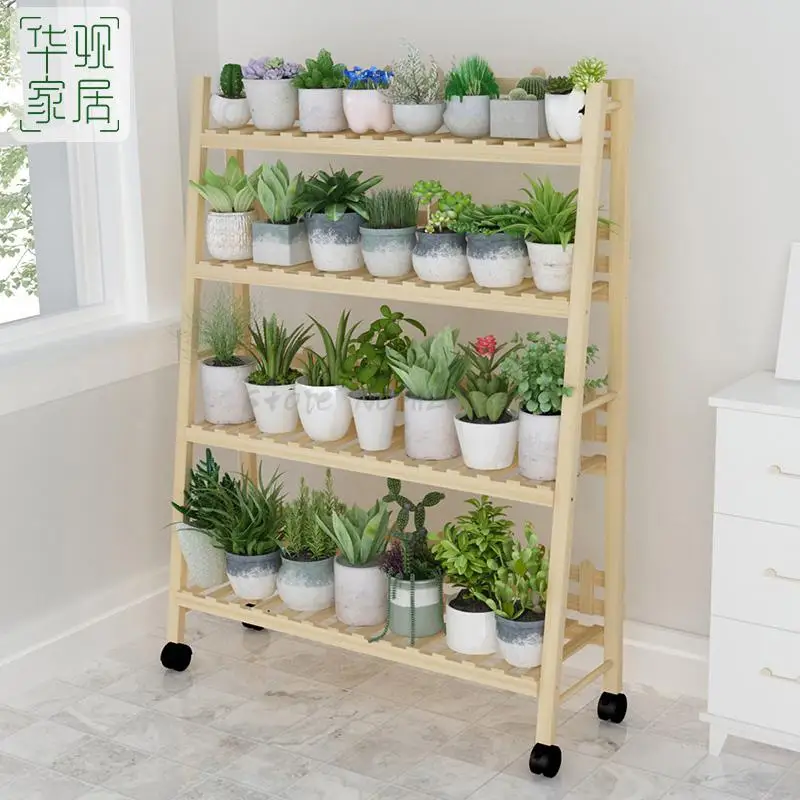 Цветочная полка из дерева многослойная комнатная зеленая для сохранения места в