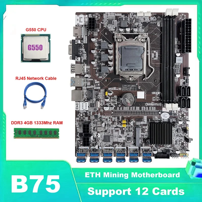 

B75 ETH Mining Motherboard 12 PCIE To USB LGA1155 Motherboard With G540 CPU+RJ45 Network Cable+DDR3 4GB 1333Mhz RAM