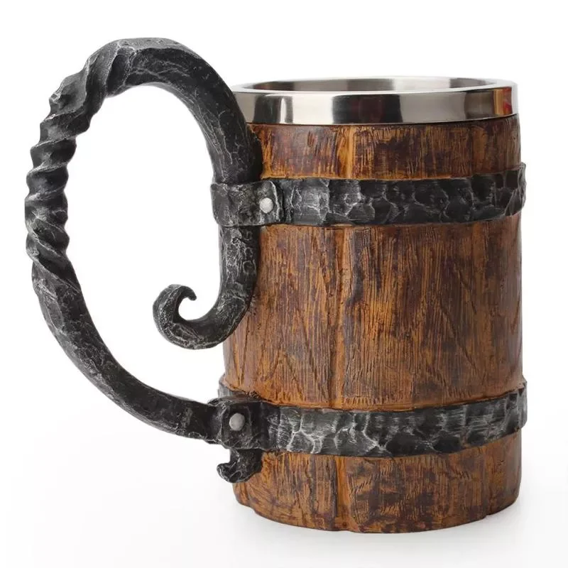 

500ml Wooden Style Beer Mug Christmas Gift Simulate A Wooden Barrel Beer Mug Double-layer Thermos Mug Metal Insulation