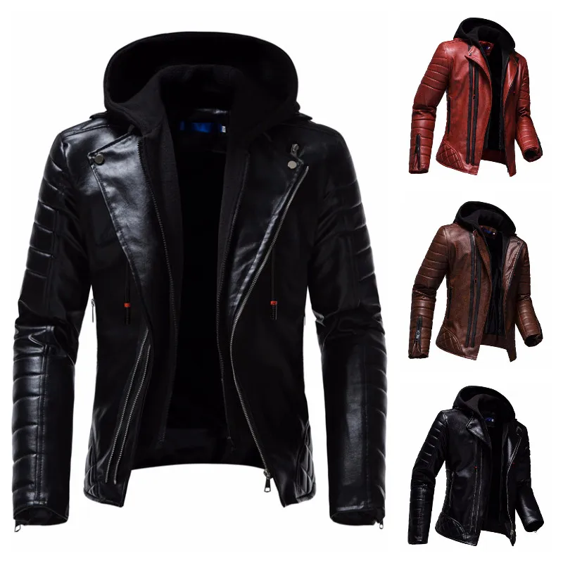 

Winter New Business Casual Style Men's Pressed Cotton Hooded Fake Two-piece Detachable Slim Zipper Leather Jacket Warm Jacket