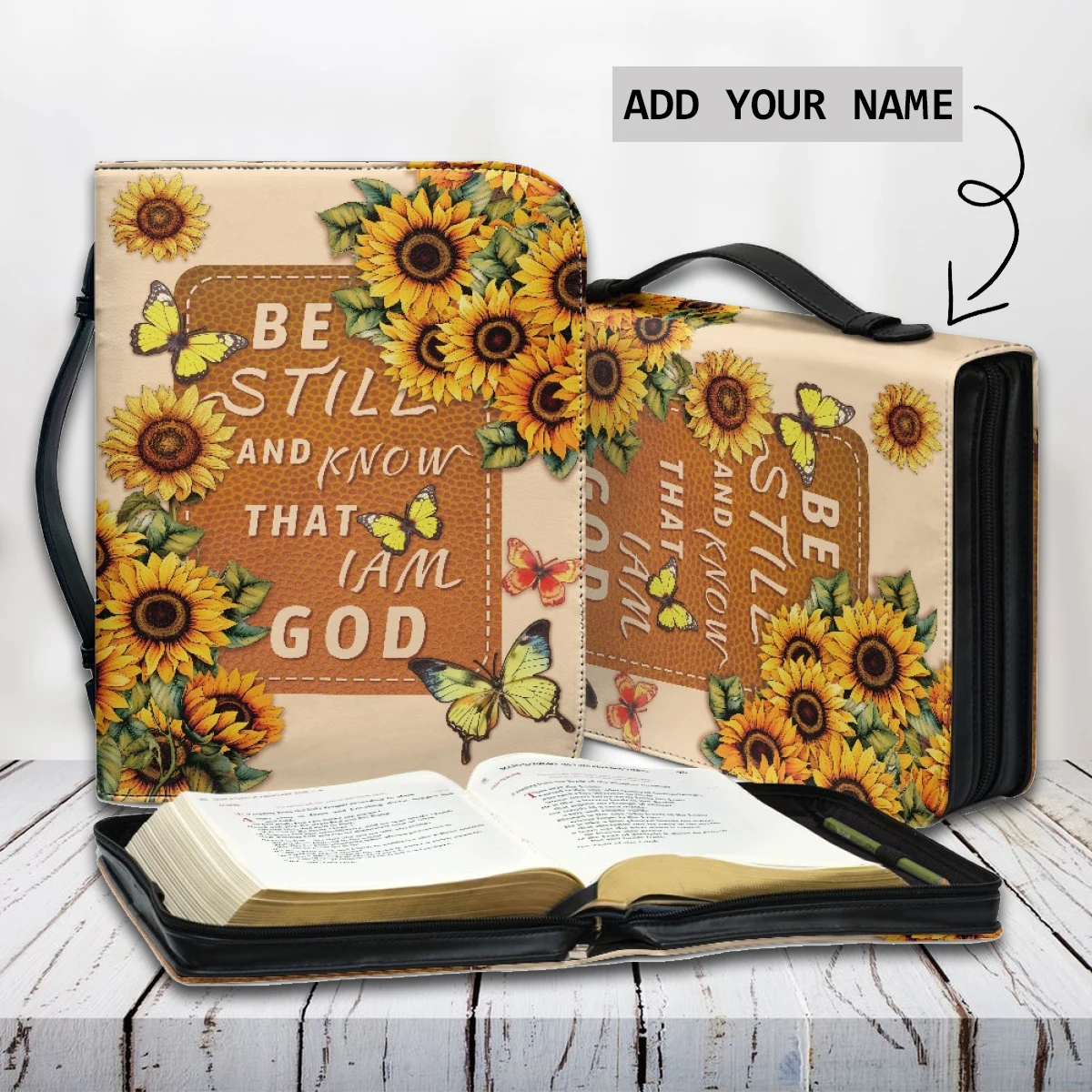 

Будьте все еще и знайте, что я Бог, Bibel Hymn, сумка для хранения с изображением Библии, Подсолнухи, бабочки, дизайн на заказ, Библия, обложка чехол 2023
