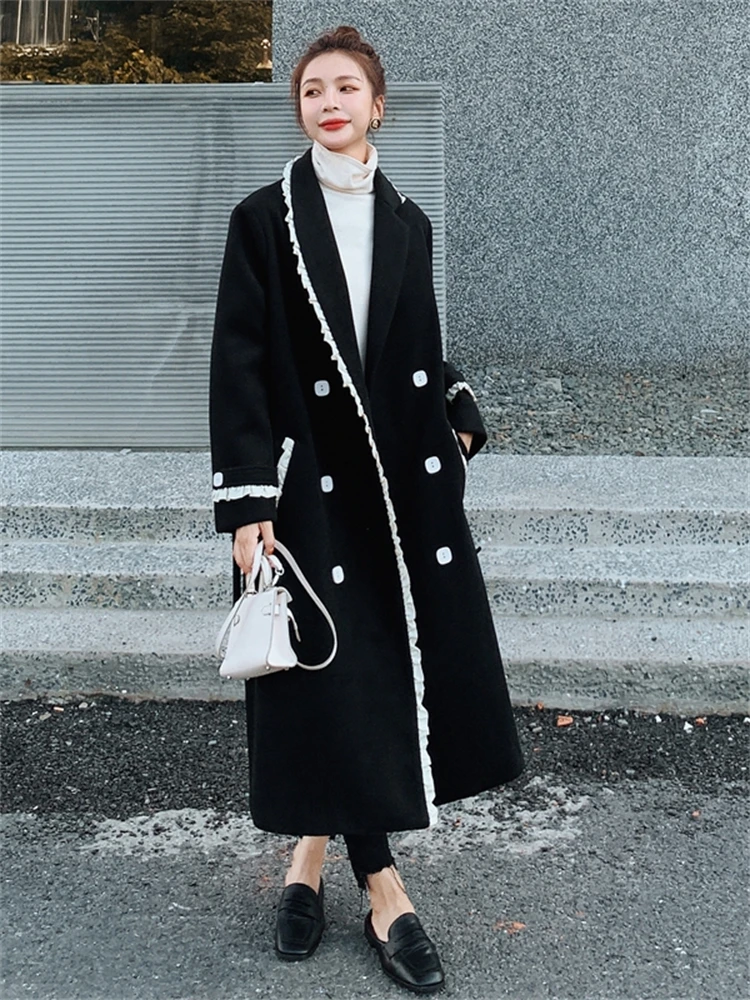 

Женское шерстяное пальто во французском стиле, элегантное двубортное свободное повседневное длинное пальто, модель 2022 на осень и зиму, 3006