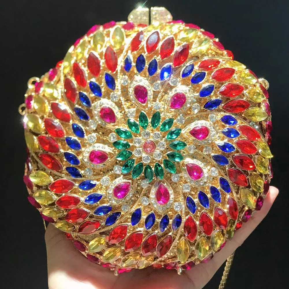 

Round Flower Clutch Bags For Lady Multicolored Crystal Wedding Bridal Floral Handbags Women Cocktail Mini Minaudiere