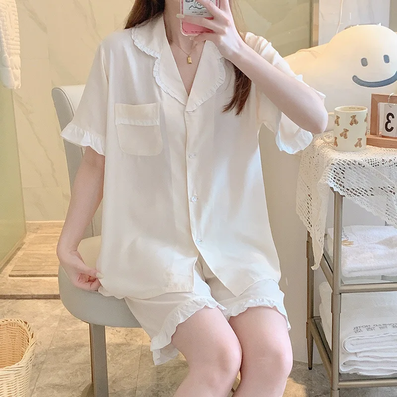 Summer Thin Loose Sleepwear Attractive Women's Nightwear Clothing Short Sleeve Turn-down Collar Pajamas Set Big Size Loungewear