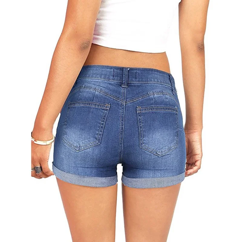 2023 Summer Women's Mini Casual Vintage Short Jeans Female Low Waisted Washed Ripped Hole Elasticity Denim Shorts with Pocket