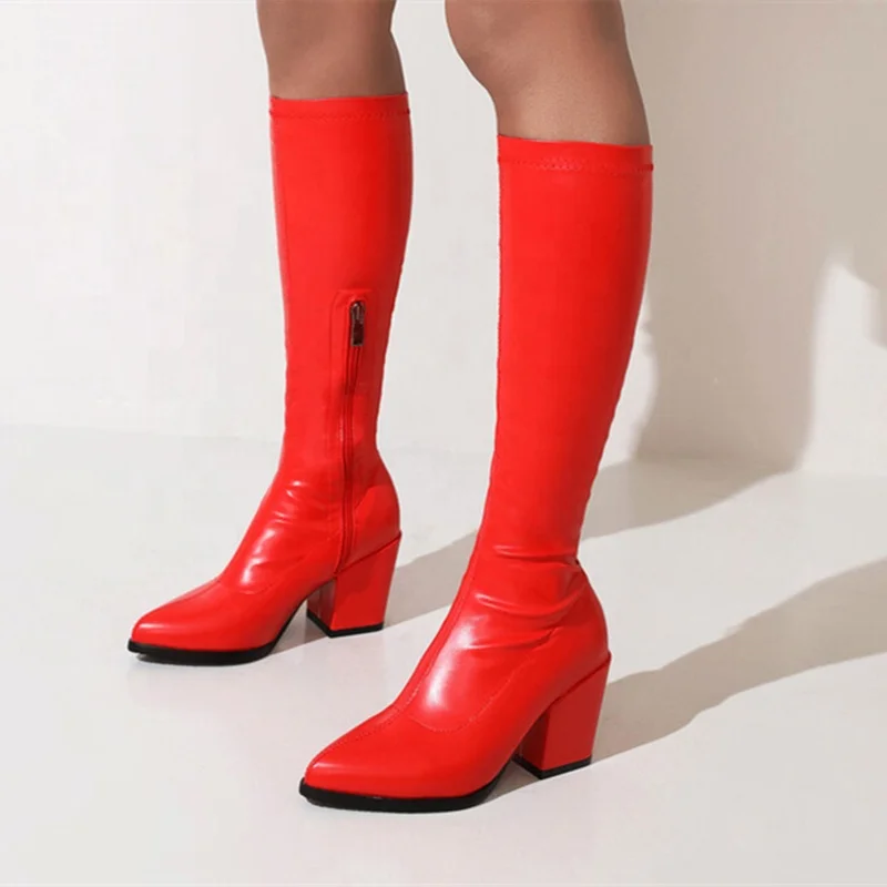 Popular Pointy Toe Style Solid Boots Shoes for Girls Women Side Zip Chunky High Heel Boots Knee High Daily Shoes Size 48