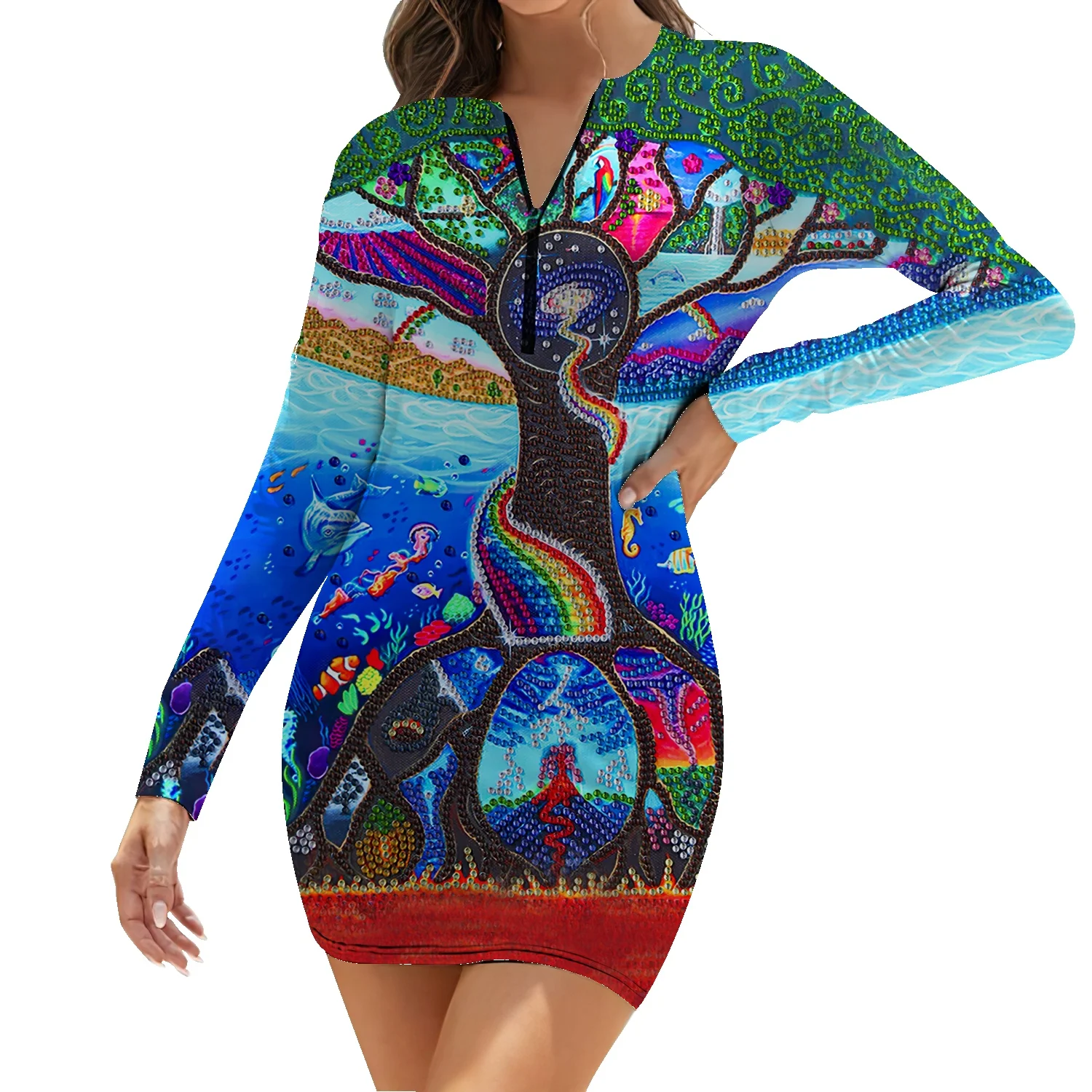 

Женское Хлопковое платье с длинным рукавом, повседневное облегающее короткое платье с принтом фламинго, 2022