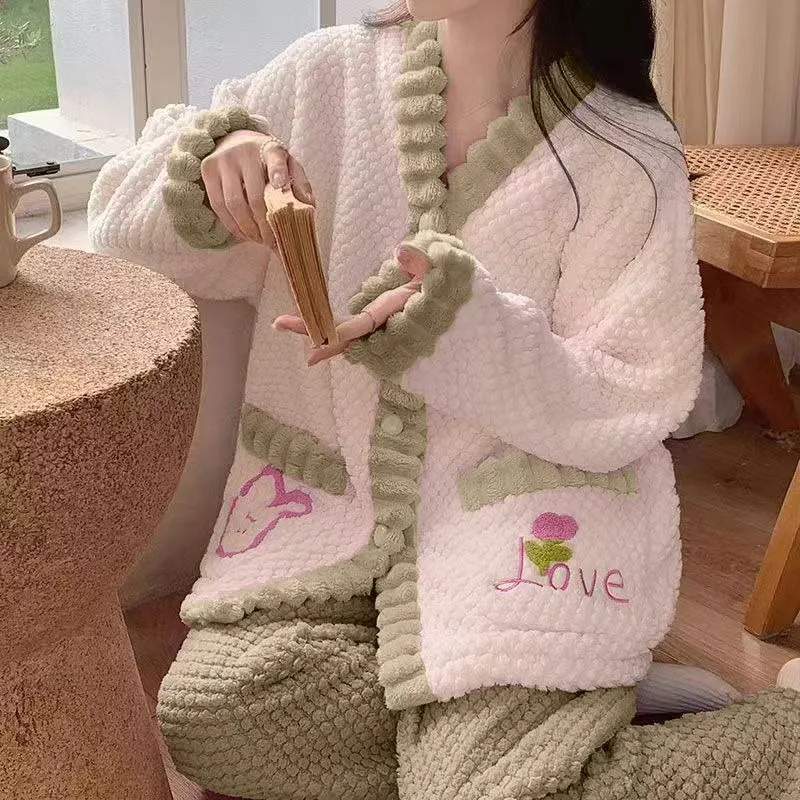 Коралловые бархатные пижамы женские осень/зима 2024 новый флисовый утепленный