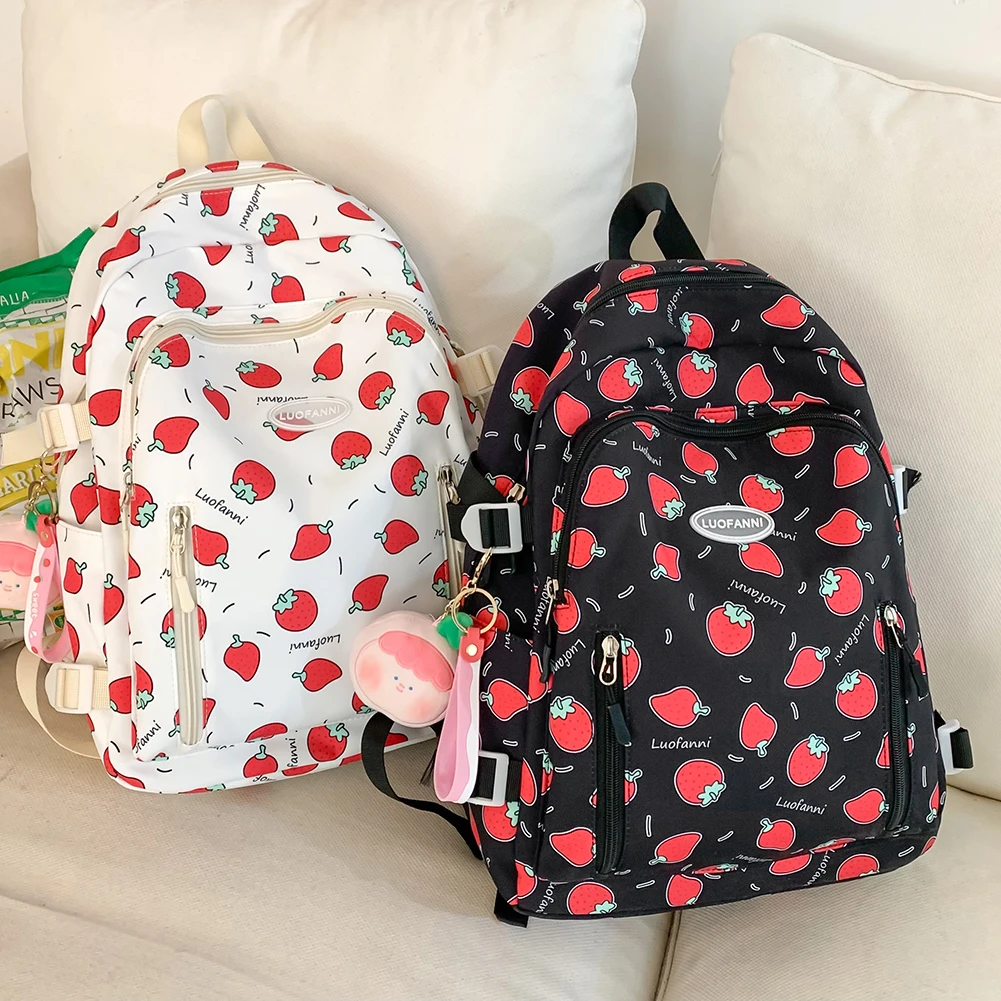 

Women Student Bookbags Fashion Strawberry Print Kawaii Teen Girls Backpack Large Capacity Simple Cute Middle Student Backpack