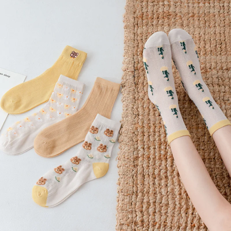 

New Short Silk Stockings Women Stockings Summer Fashion Mesh Breathable Little Bear Cotton Socks Casual Cute Thin Girl Socks