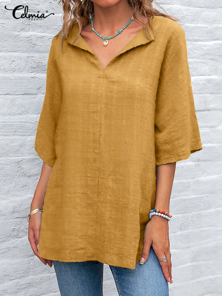 

Vintage Blouses Celmia 2022 Summer Women Solid Causal Shirts 3/4 Sleeve V-neck Ladies Tunic Tops Vintage Elegant Party Blusas